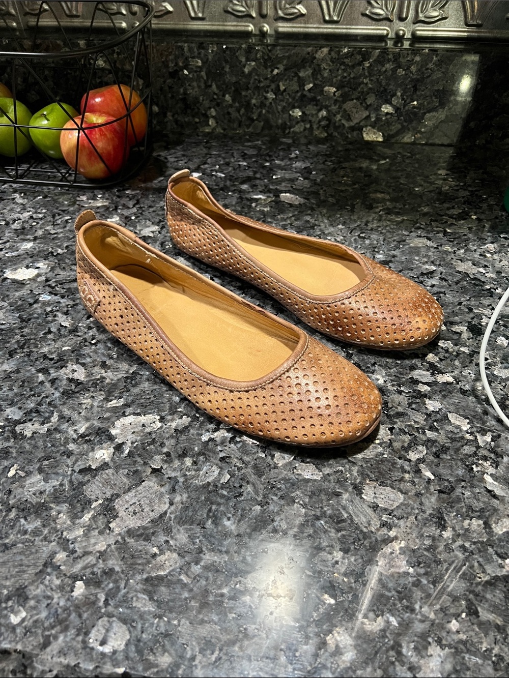 Bed Stu Distressed Tan Perforated Leather Ballet Flats